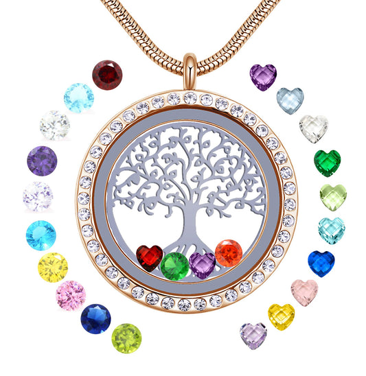 18K Gold Plated Tree of Life Floating Locket Family Necklace Pendant with 24Pcs Birthstones, Best Gift for Mom Mother Mummy Grandma Nana Aunt Niece Women