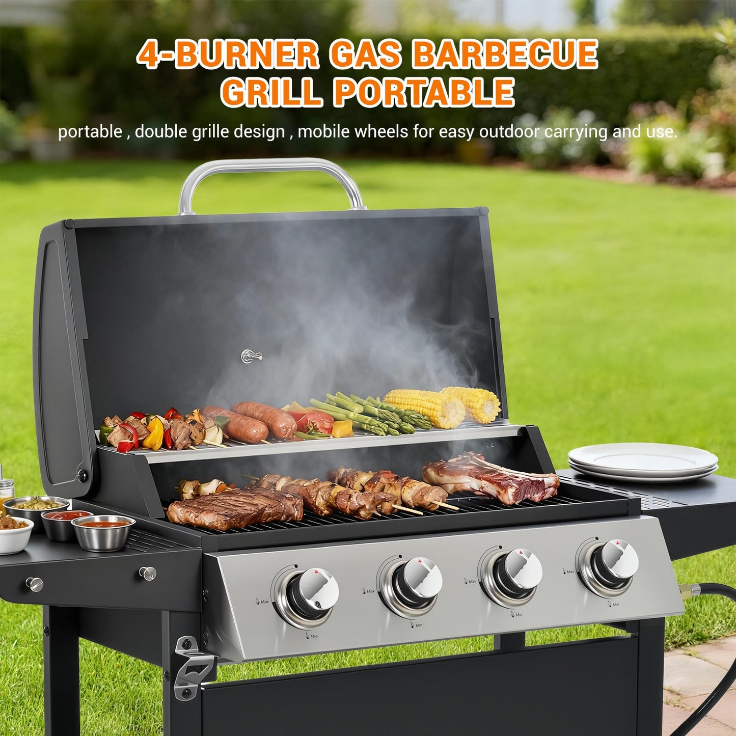 EUHOME 4-Burner Gas Grill with Side Burner & Cover, 51000 BTU Stainless Steel Outdoor BBQ Grill, 452 sq.in Cooking Area, Ideal for Backyard, Patio Large Gatherings