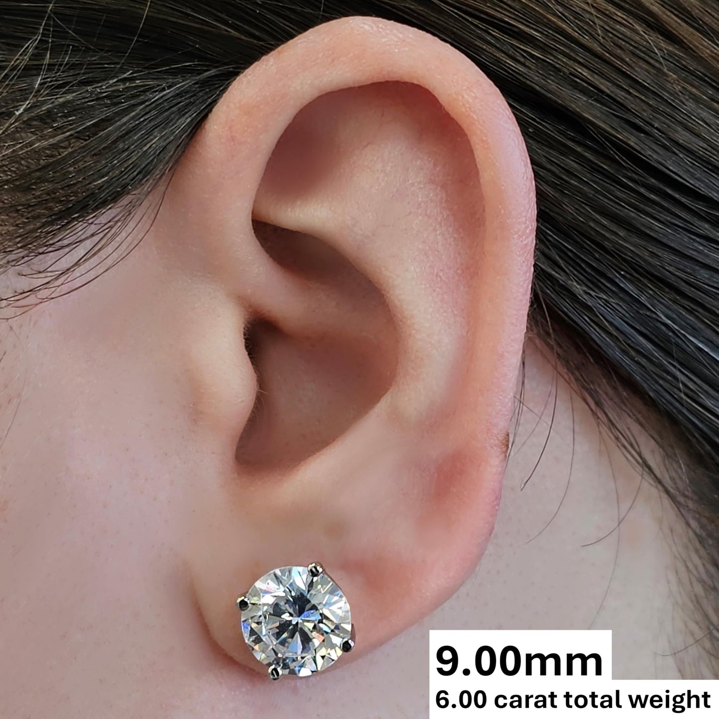 Central Diamond Center 14K Solid Gold Post & Sterling Silver 4 Prong CZ Stud Earrings - Platinum Plated - 9.00mm - 6.00cttw