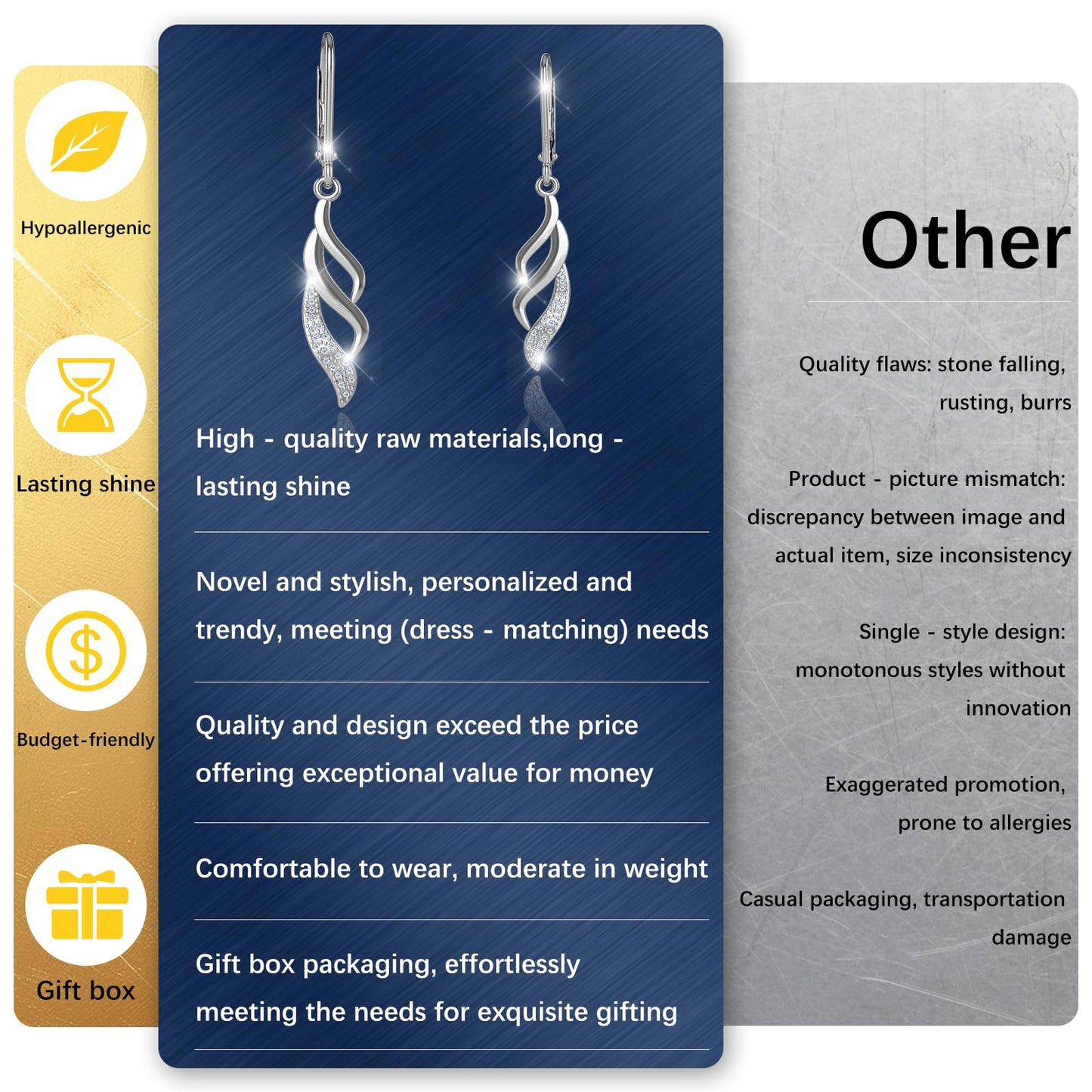 Hypoallergenic Silver Leverback Earrings for Women, Sparkly Teardrop Dangle Earrings, Lightweight, Tarnish-Resistant, Nickel-Free, Perfect for Work, Parties & Gifts (Wings)