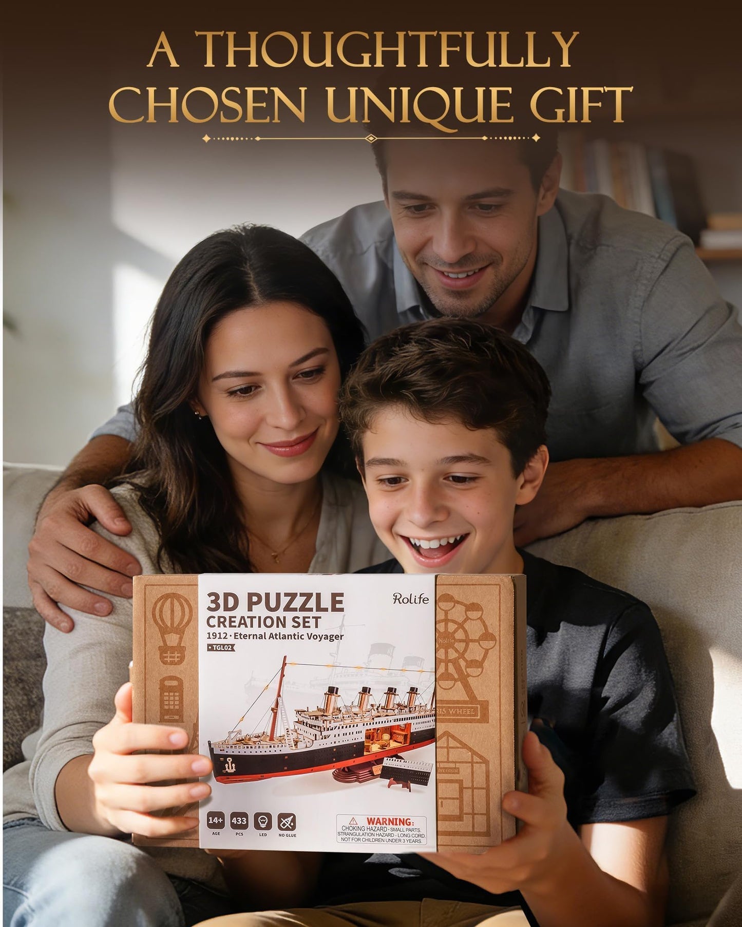 Rolife 3D Wooden Puzzles for Adults with LED Lights, 433 Pieces 19.5" Titanic Model Ship Kits for Adults, DIY Craft for Home Decor & Unique Birthday Valentine's Day Gift