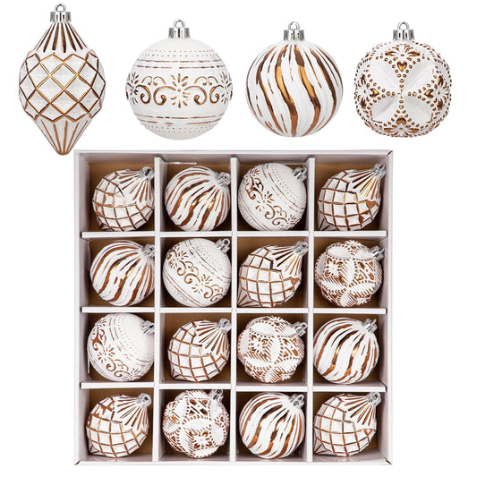 16PCS Shatterproof Christmas Ball Ornaments Set, Hand-Painted Holiday Decor with Assorted Sizes & Designs for Christmas Tree Thanksgiving Party Decoration, Bronze-White