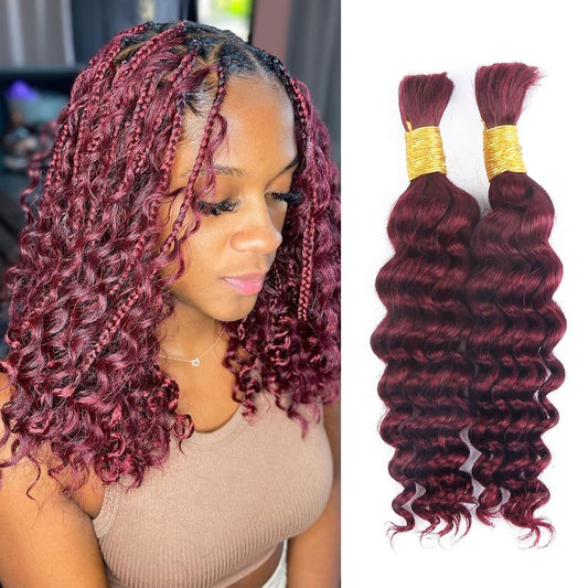 Human Braiding Hair for Boho Braids Burgundy Deep Wave Bulk Human Hair for Braiding 14 Inch 2 Bundles 100G #99J Wet and Wavy Curly Human Hair Red Braiding Hair Extensions No Weft Bundles for Braiding