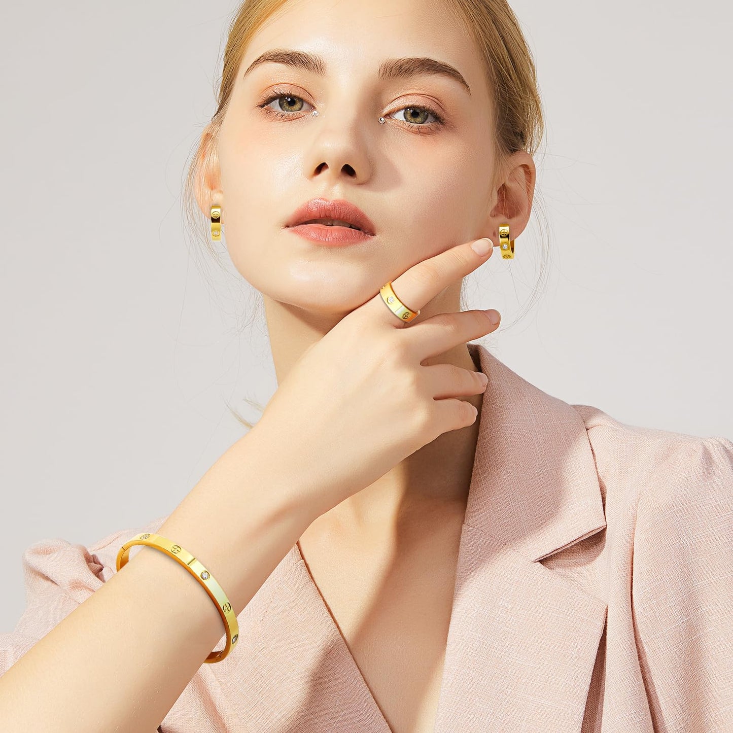 3 Pcs Hoop Earrings Bracelets Ring Sets for Women-18K Gold Plated Love Bracelet Cubic Zirconia Cuff Bangle Hoop Earrings Friendship Love Ring Jewelry Set,Wedding Party Christmas Valentine's Day Birthday Gifts for Her Girlfriend Sister Daughter