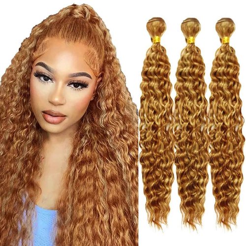 Fabimiya Human Hair Bundles 14 16 18 Inch Light Brown P27/30 Deep Wave Bundles Human Hair 100% Unprocessed Soft Sewn In Hair with Double Weft for Black Women