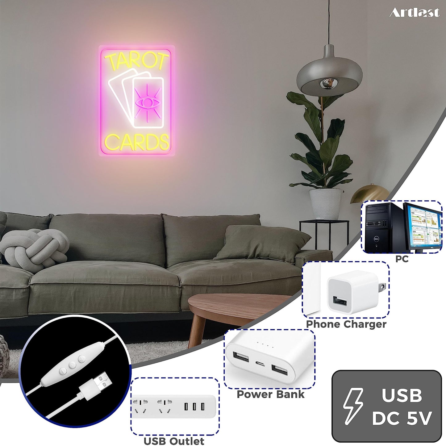 Artlast Tarot Cards Neon Sign, Pink LED Light for Room Wall Decor, Dimmable Switch, Acrylic Material, 10.24x14.88 inches, Indoor Neon Signage