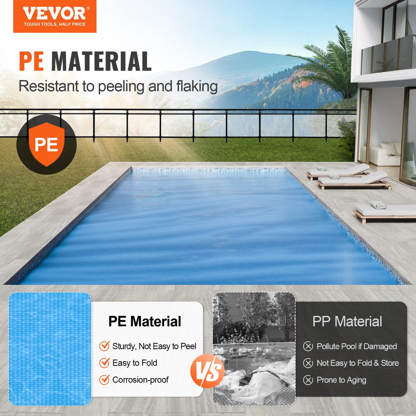 VEVOR Solar Pool Cover, 32 x 16 ft Rectangle Solar Blanket for Pools, 16 mil Solar Covers for Inground Above Ground Swimming Pool Solar, Blue