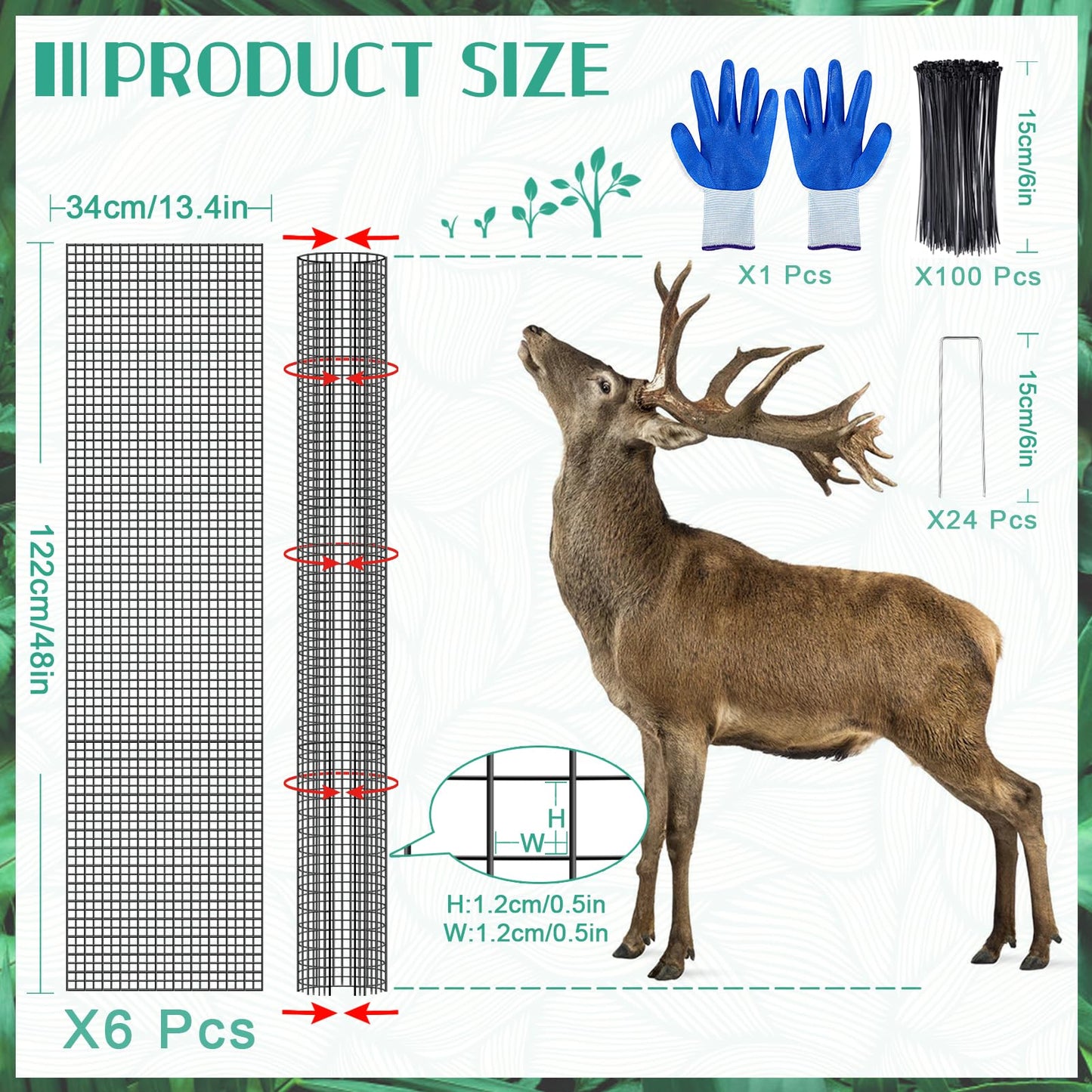 UJG 6PCS 48'' Metal Tree Protectors from Deer, Mesh Tree Bark Protector Guard from Deer, Tree Cages for Deer, Tree Trunk Protector to Protect Bark from Deer Mowers with Zip Ties & Metal Stakes