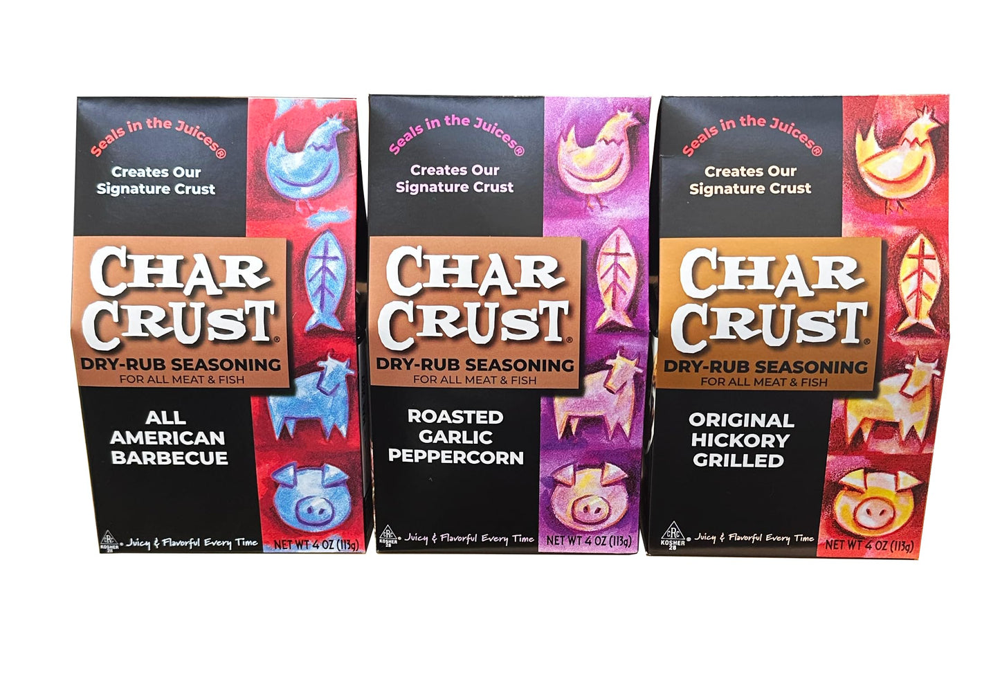 Char Crust Dry-Rub Seasoning Grilling Gift Set | All American BBQ, Roasted Garlic Peppercorn, Original Hickory Grilled | BBQ Rubs for Steak, Chicken, Burgers, Fish, 4 oz Each (Pack of 3)