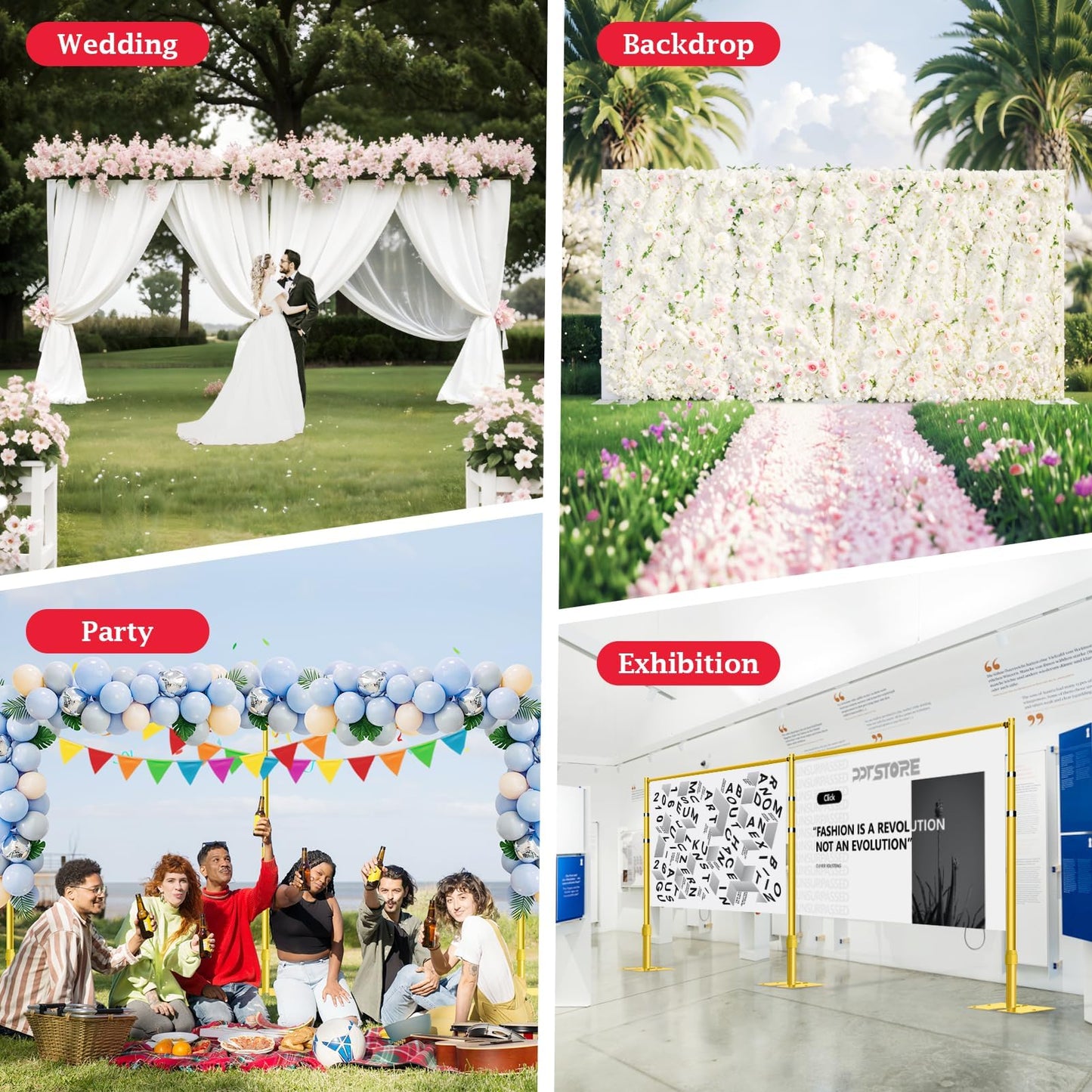 EMART Backdrop Stand Heavy Duty 10ftx20ft, Adjustable Pipe and Drape Photo Background Support Kit, Metal Frame with Flat Base for Wedding Birthday Party Banquet Decorations-Gold