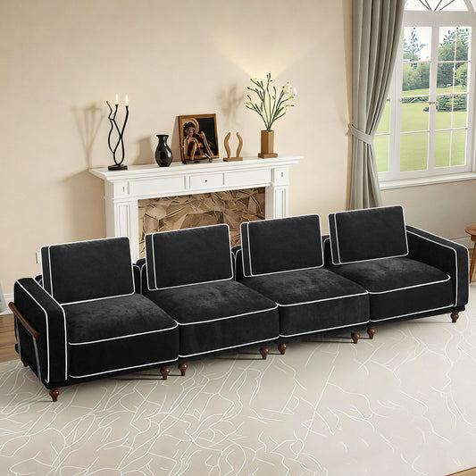 146" Cloud Modular Sectional Sofa,Oversized Deep 4 Seater Couch with Armrests Wooden Legs,Comfy Thicked Cushion Upholstered Sofa for Living Room Bedroom,Black