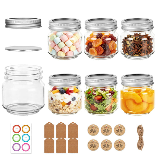 8 oz Mason Jars 6-Pack with Silver Lids, Airtight Glass Canning Jars for Spices, Travel Toiletries, Overnight Oats, Party Favors, Mini Desserts, Craft Storage, Includes Stickers, Tags & Twine