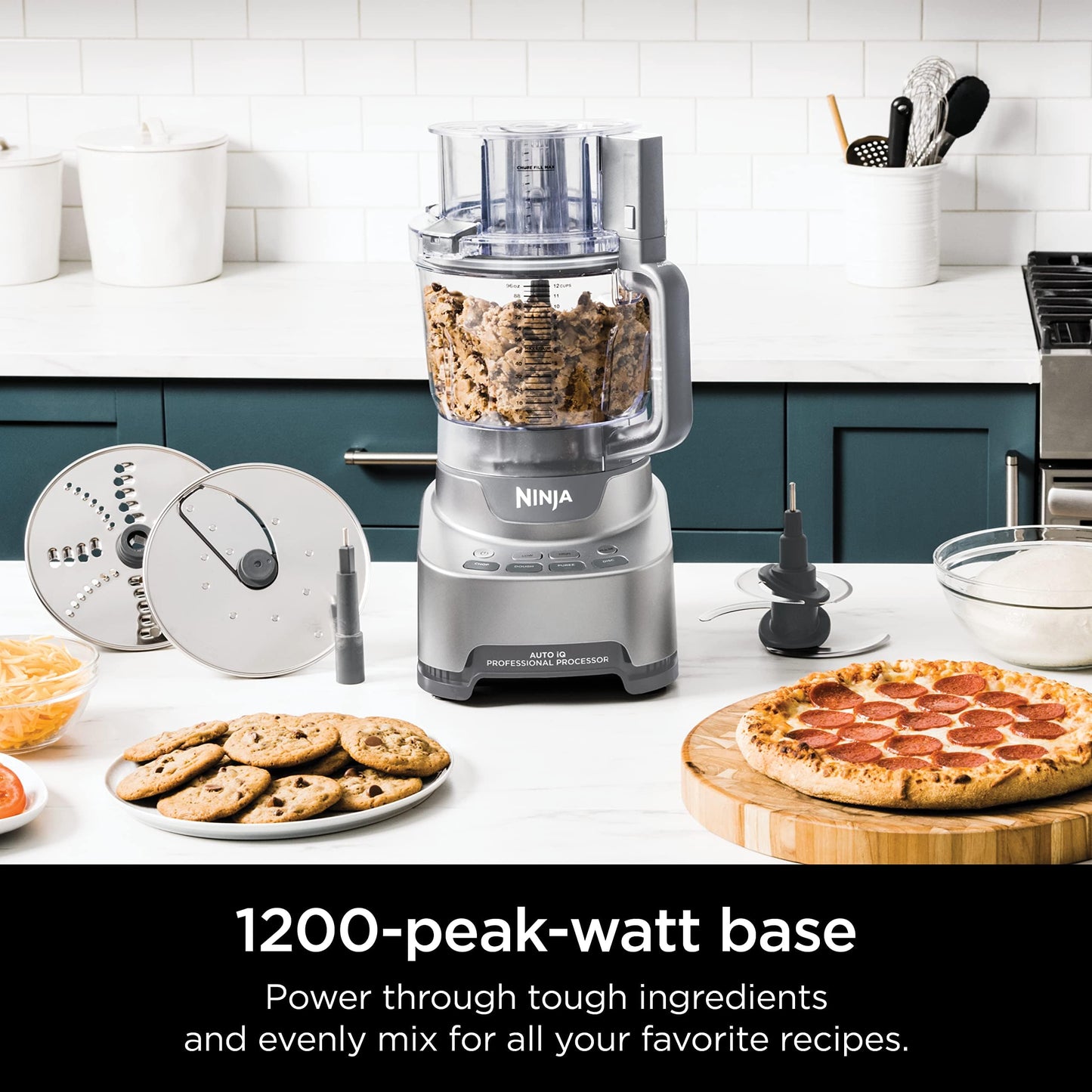 Ninja Food Processor, Professional XL, 1200 Peak-Watts, 4-in-1, Chopping, Slicing/Shredding, Purees, Dough, 12-Cup Processor Bowl, 2 Blades & 2 Discs, Feed Chute/Pusher, Black, NF701