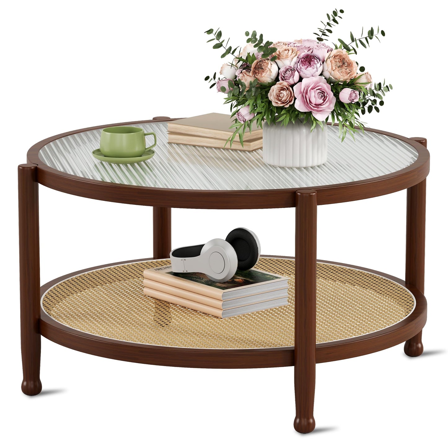 Saylike Rattan Round Coffee Table for Living Room, 32" Boho Circle Table with Tempered Glass Desktop Rustic Solid Wood Farmhouse Accent Center Storage Table (Walnut, 31.5" D x 31.5" W x 17" H)