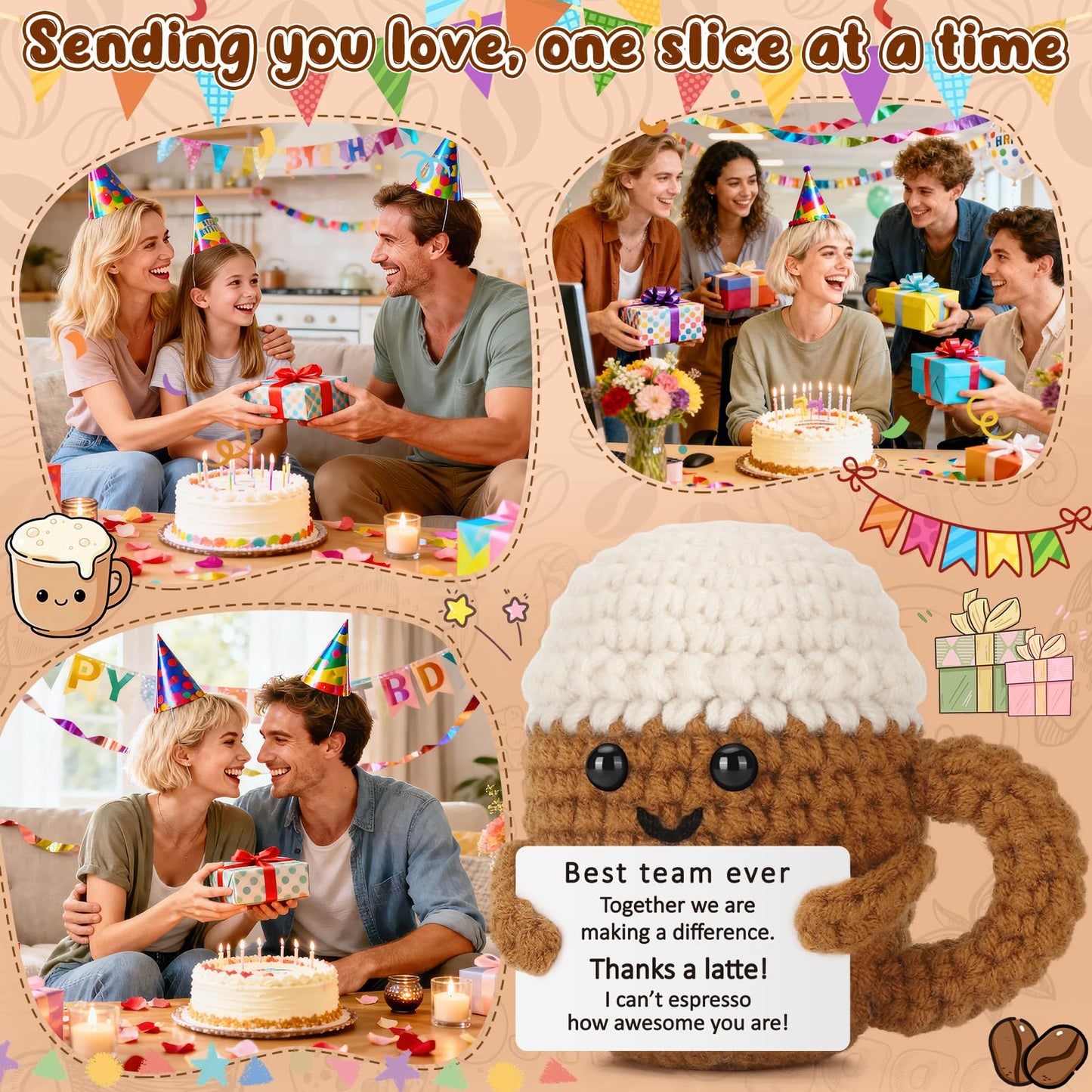 Xinezaa Best Team Coffee Cup Gift, Employee Appreciation for Coworkers, Work, Bestie, Manager, Teacher, Cute Crochet Desk Buddy for Office Cubicle Decor, Team Celebration Thank You Gift