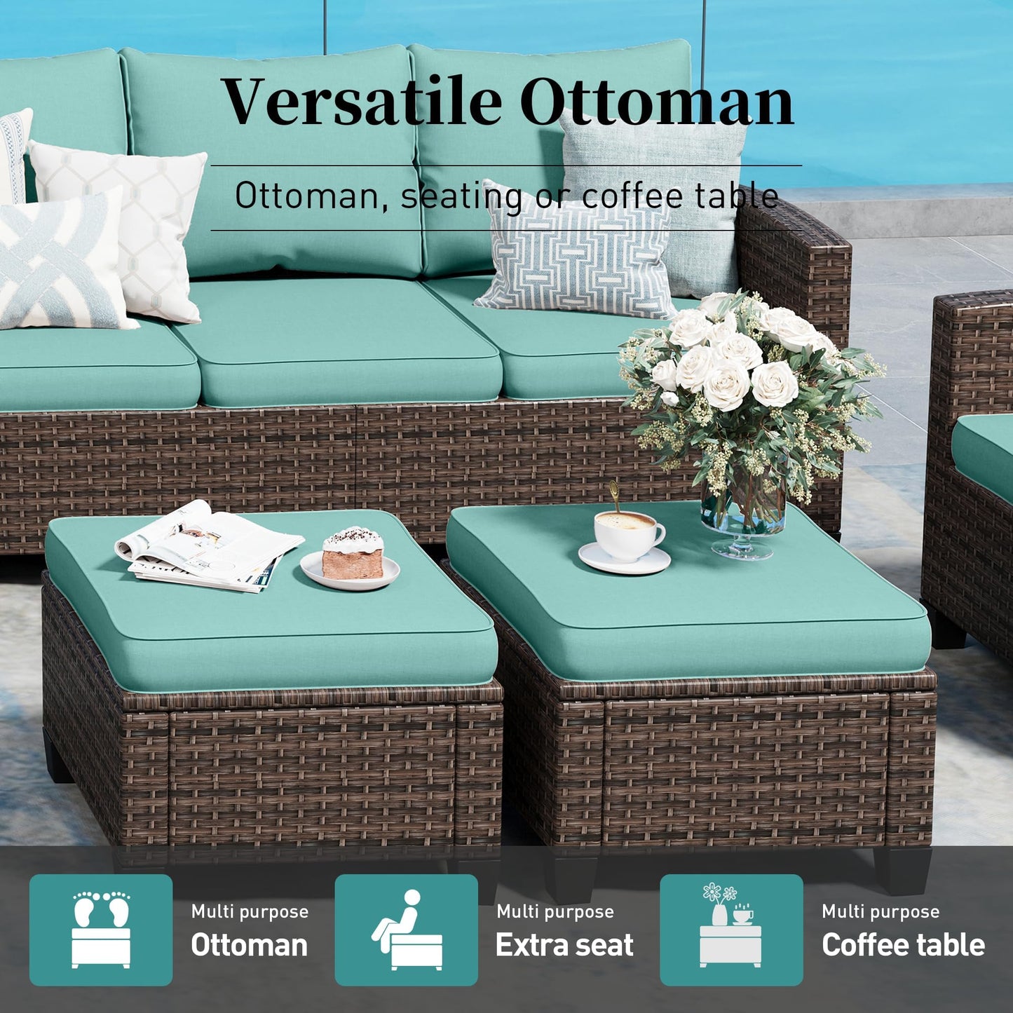 SUNSHINE VALLEY L-Shaped Outdoor Furniture Set, 5-Seat Couch with 2 Ottomans, Durable Rattan Sofa for Small Patios, Modular All-Weather Use, Blue