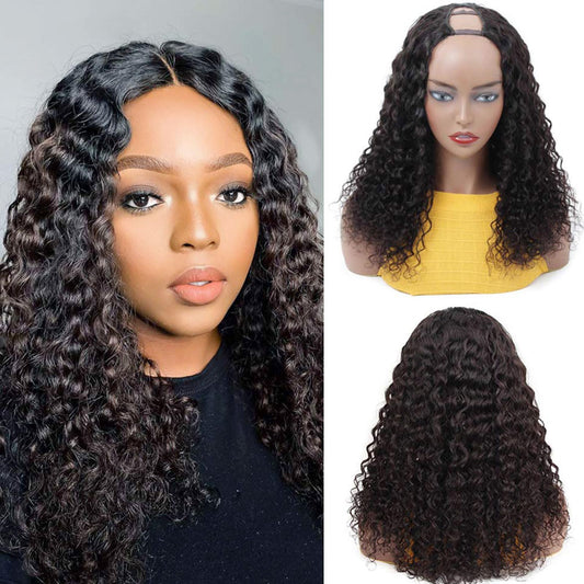 huarisi U Part Wig Human Hair for Women, 100% 10A 1b Brazilian Hair Straight, Glueless Full Head Clip in Half Wigs U Shape Wigs, 150% Density Natural Color (10 Inch)