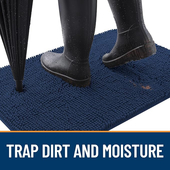 OLANLY Dog Door Mat for Muddy Paws 59x24, Absorbs Moisture and Dirt, Absorbent Non-Slip Washable Doormat, Quick Dry Chenille Mud Mat for Dogs, Entry Indoor Entryway Carpet for Inside Floor, Dark Blue