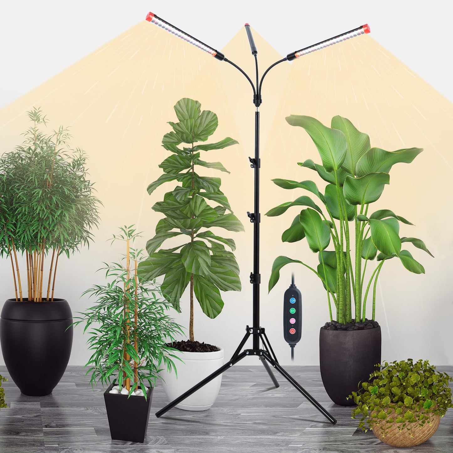 Orchbloom 3Head Grow Light with Stand, 5-Mode Timer 4/8/12/16/20H, 27 Watt Power Home Plug LED Grow Lights for Indoor Plants for Tall Houseplants, Bonsai Tree, Seed Starting, 24"-64" Adjustable Height