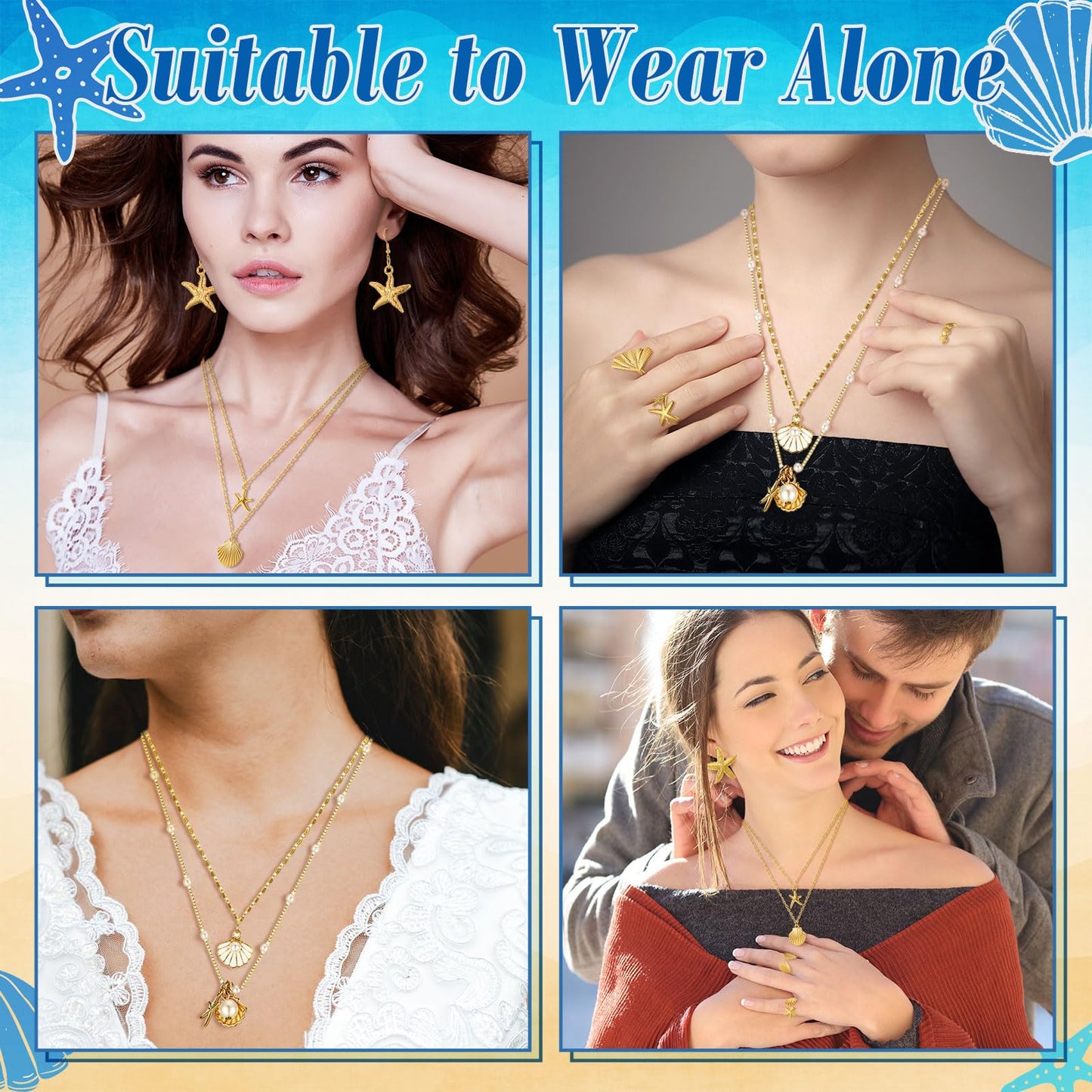 16 Pcs Seashell Starfish Jewelry Set for Women Seashell Earrings Rings Boho Layer Charm Necklace Summer Beach Bracelets Natural White Anklet for Summer Holiday Vacation Accessories(Gold,Shell)