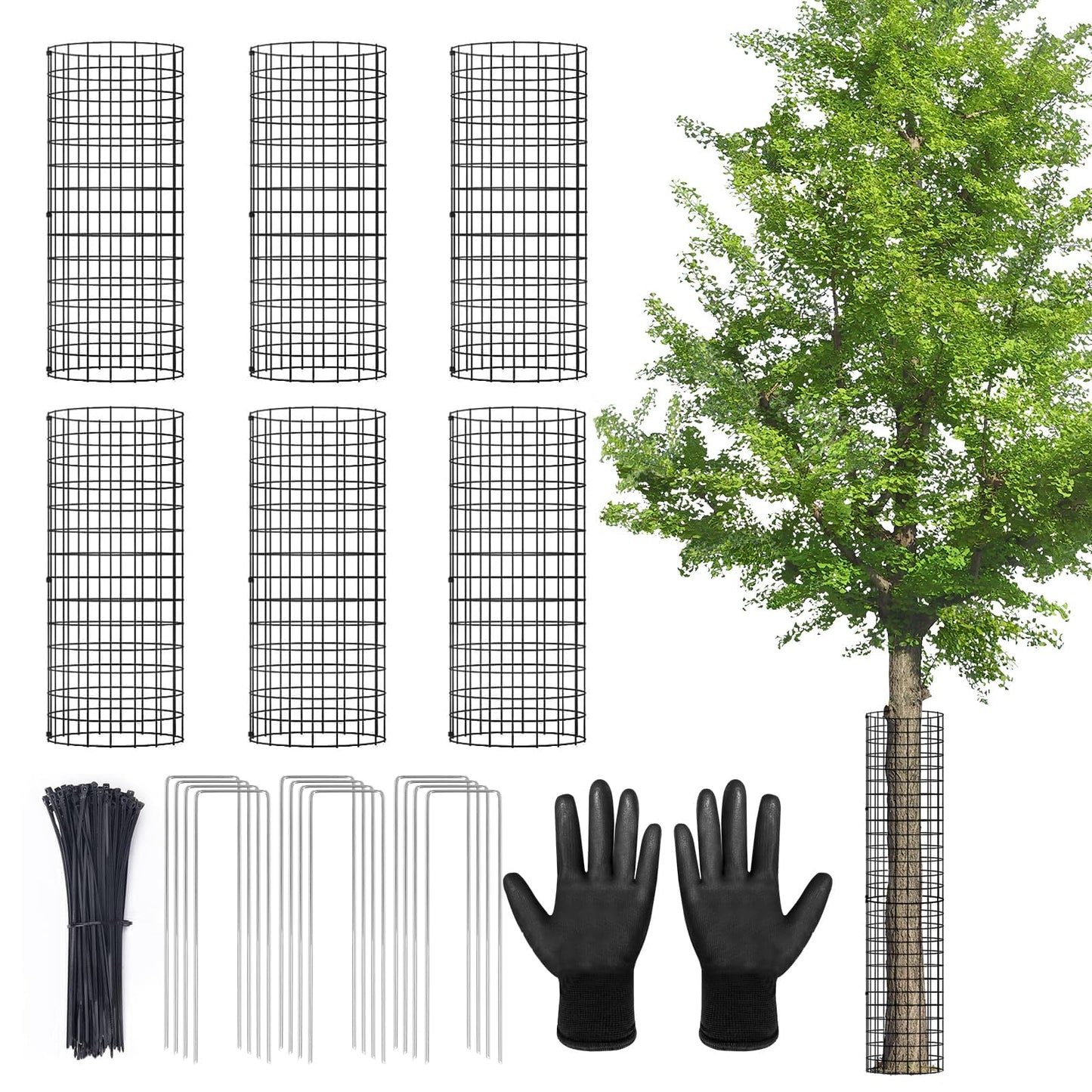 6Pack Tree Trunk Protector, Metal Tree Guards Trunk Protector with Zip Ties & Metal Stakes & Glove, Tree Bark Protector, Tree Protectors from Deer Animals Trimmers 5.3'' Dia x 16.5'' H (6 Pcs)