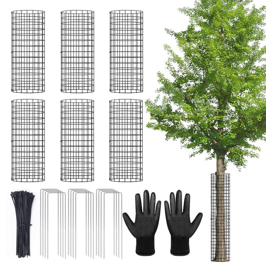 6Pack Tree Trunk Protector, Metal Tree Guards Trunk Protector with Zip Ties & Metal Stakes & Glove, Tree Bark Protector, Tree Protectors from Deer Animals Trimmers 5.3'' Dia x 16.5'' H (6 Pcs)