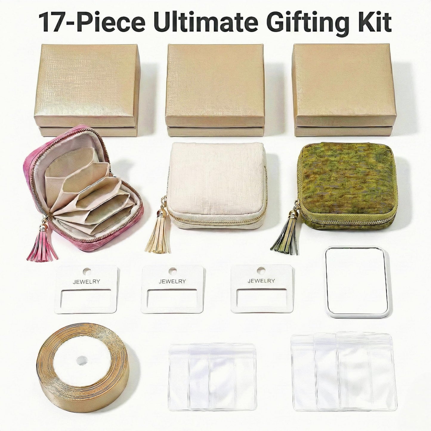 XJlSGXUSG 3-Pack Travel Jewelry Case Organizer with a Mirror, Small Textured Velvet Pouch for Necklace Earring Ring, Includes Air-Tight PVC Bags & Display Cards, Gift Set (Pink, Beige, Green)