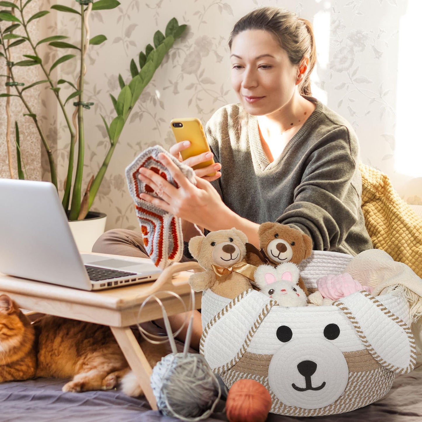 Zopeal Dog Woven Basket Cute Woven Cotton Rope Puppy Animal Storage Basket for Laundry Toy Gift(Khaki, White,13 x 8 Inch)