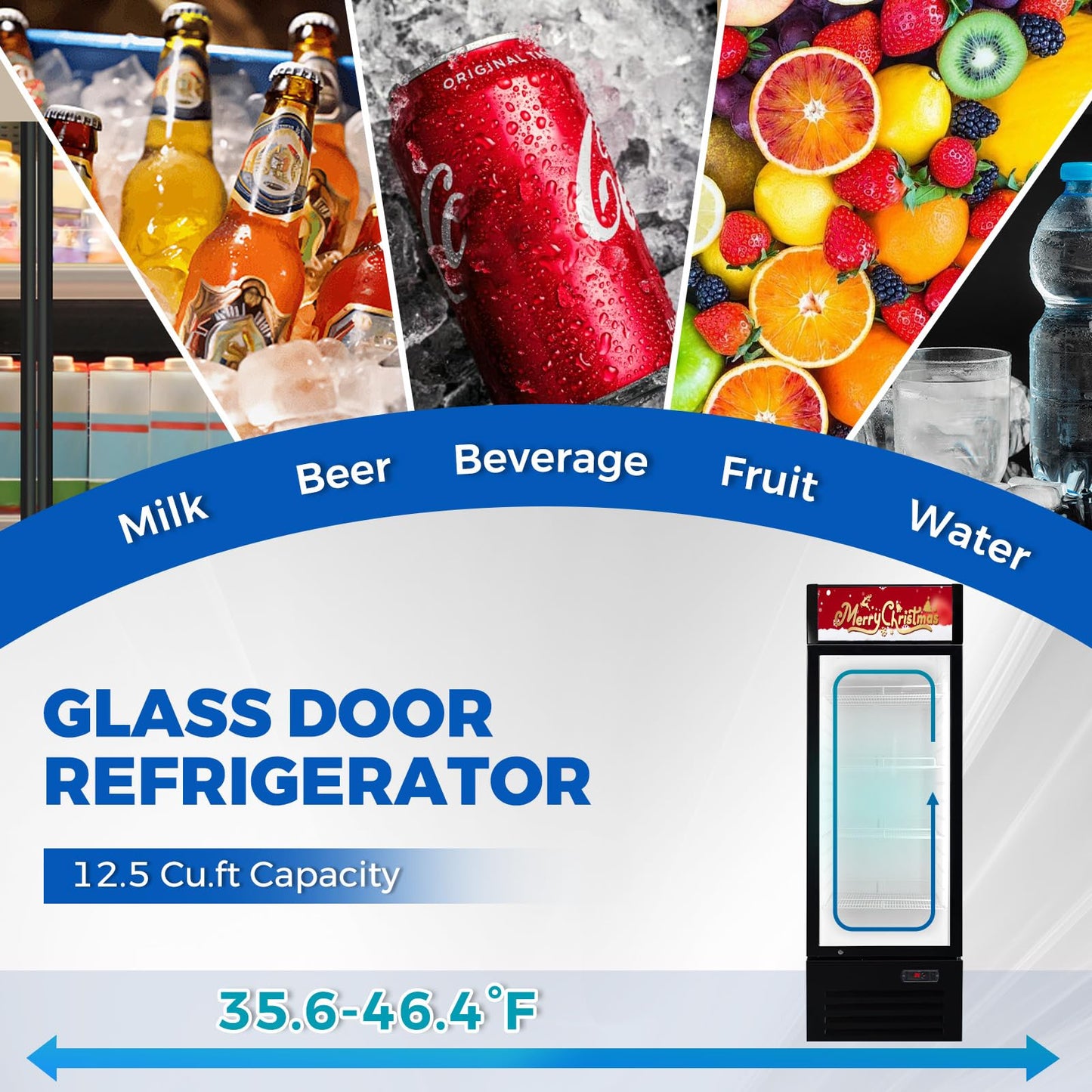 Bluelinecool Commercial Refrigerator Beverage Cooler, 12.5 Cu.Ft Display Refrigerator with Glass Door, Drink Fridge with Led Light, 4 Adjustable Shelves, Merchandiser Refrigerator for Beer, Bar, Shop