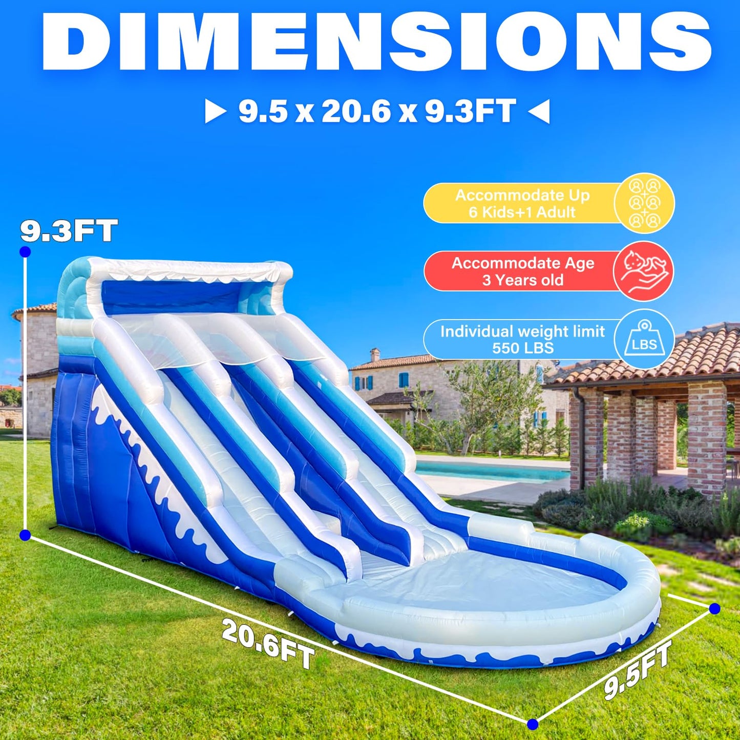 iLink-outer Grade Water Slide Inflatable with Pool for Kids Double Slide with Pool & Blower Water Tube for Kids and Adults, Oxford, Wet Dry Use, Party Gift-(Bule)