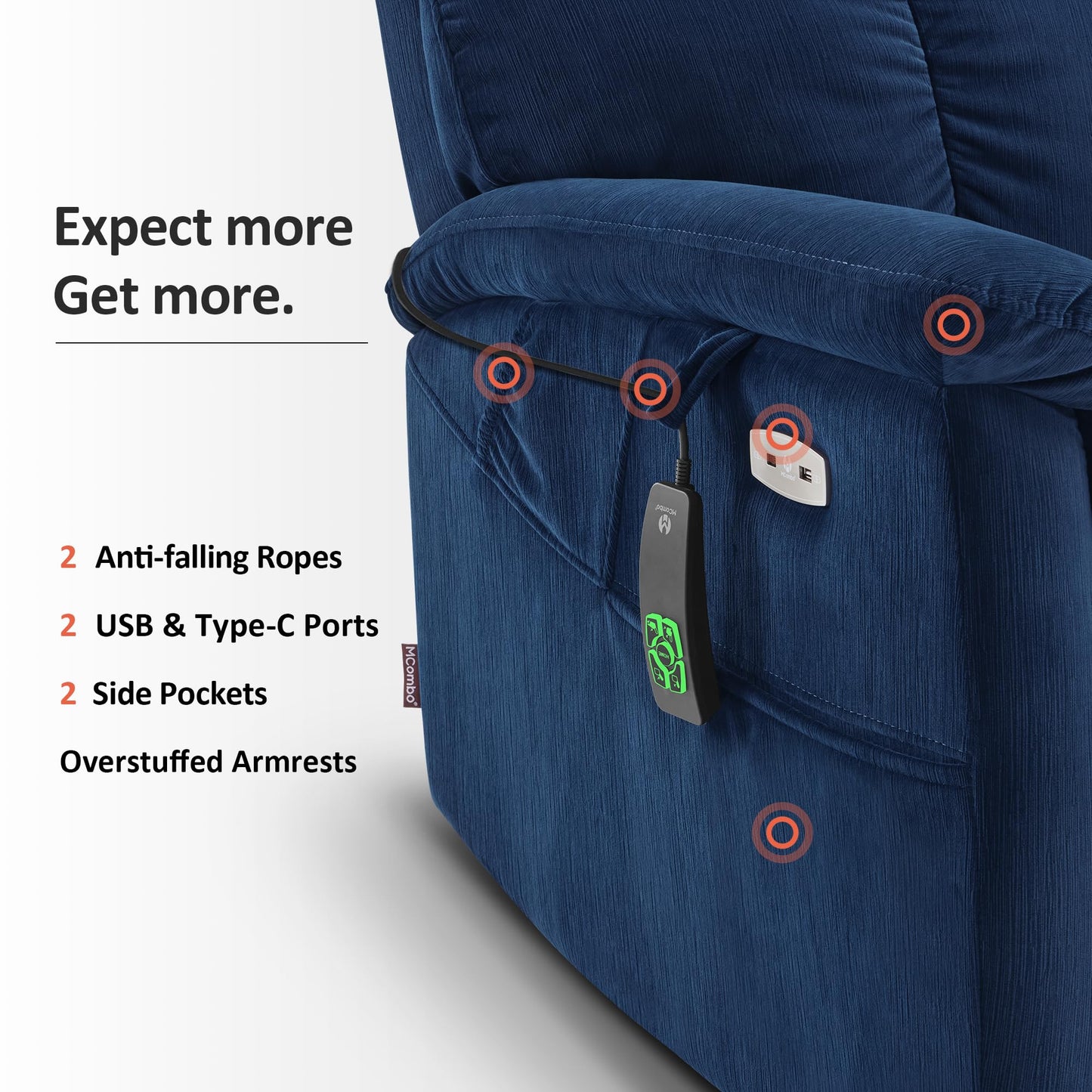 MCombo Large-Wide Dual Motor Power Lift Recliner Chair, Massage and Dual Heating for Elderly People, Infinite Position, Fabric R7166 (Navy Blue)