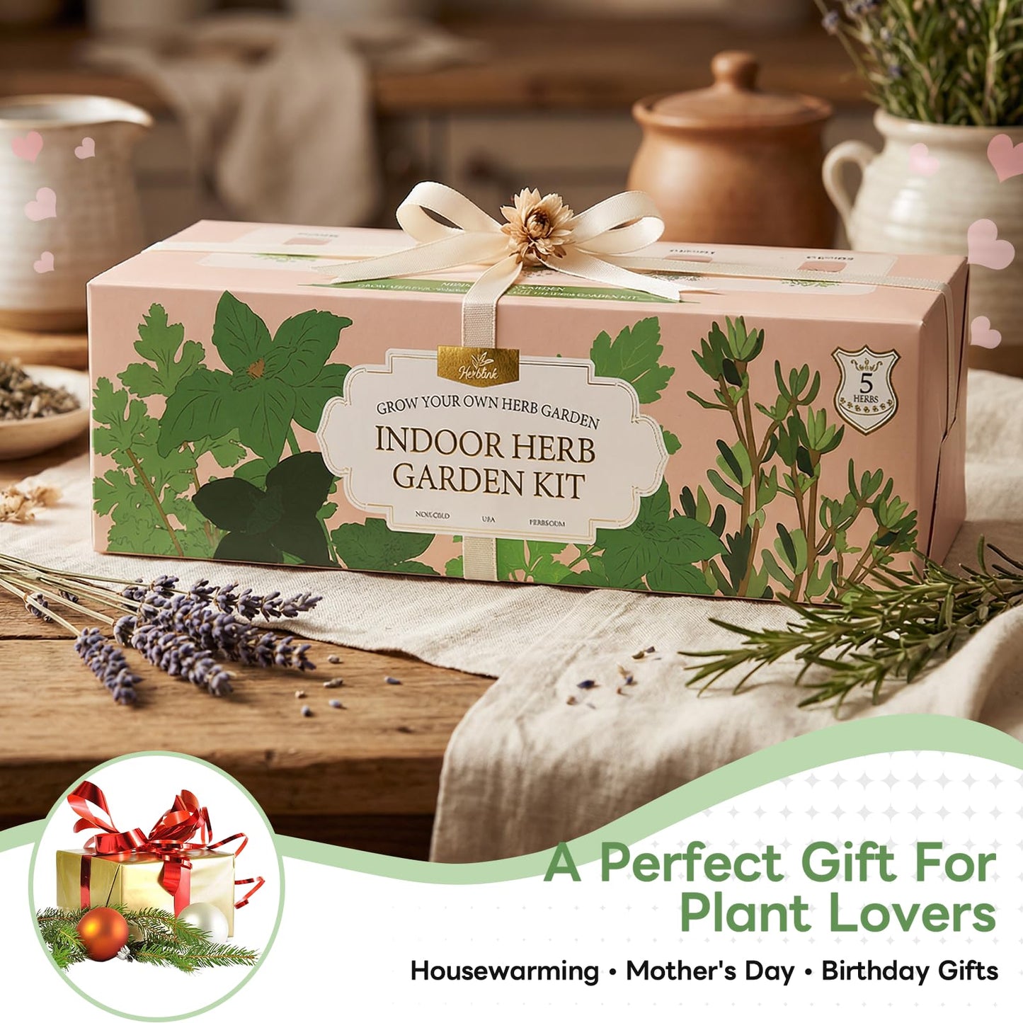 Herblink Indoor Herb Garden Starter Kit, 5 Herb Garden Planter Indoor Kit with Wooden Box Including Genovese Basil, Thyme, Parsley, Mint, Complete Windowsill Growing Gifts Set, Gifts for Mom, Women