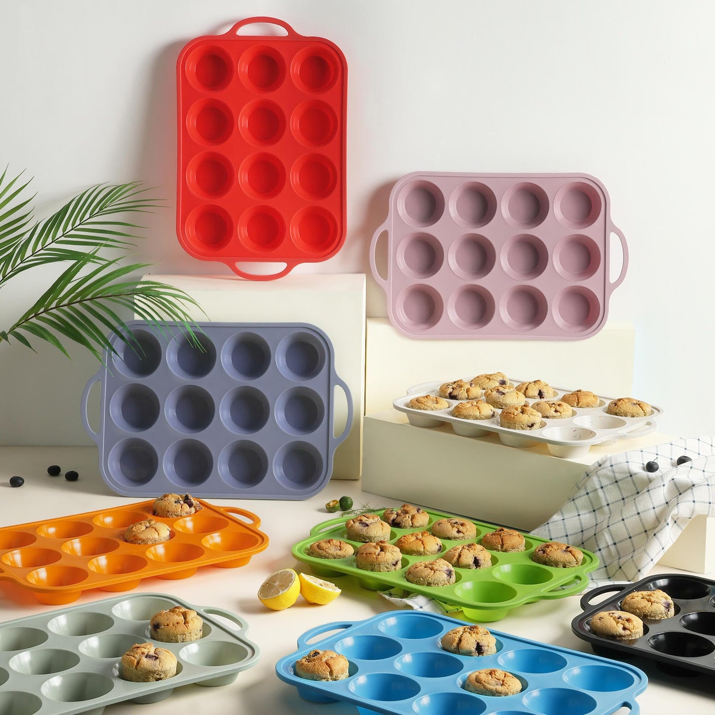 2 Packs 12 Cups Silicone Muffin Pan with Metal Reinforced Frame Regular Size Cupcake Pan Tray Egg Bites Silicone Cookie Molds Muffin Tin Tart Pans Baking Set for Easter Christmas holiday Cookie