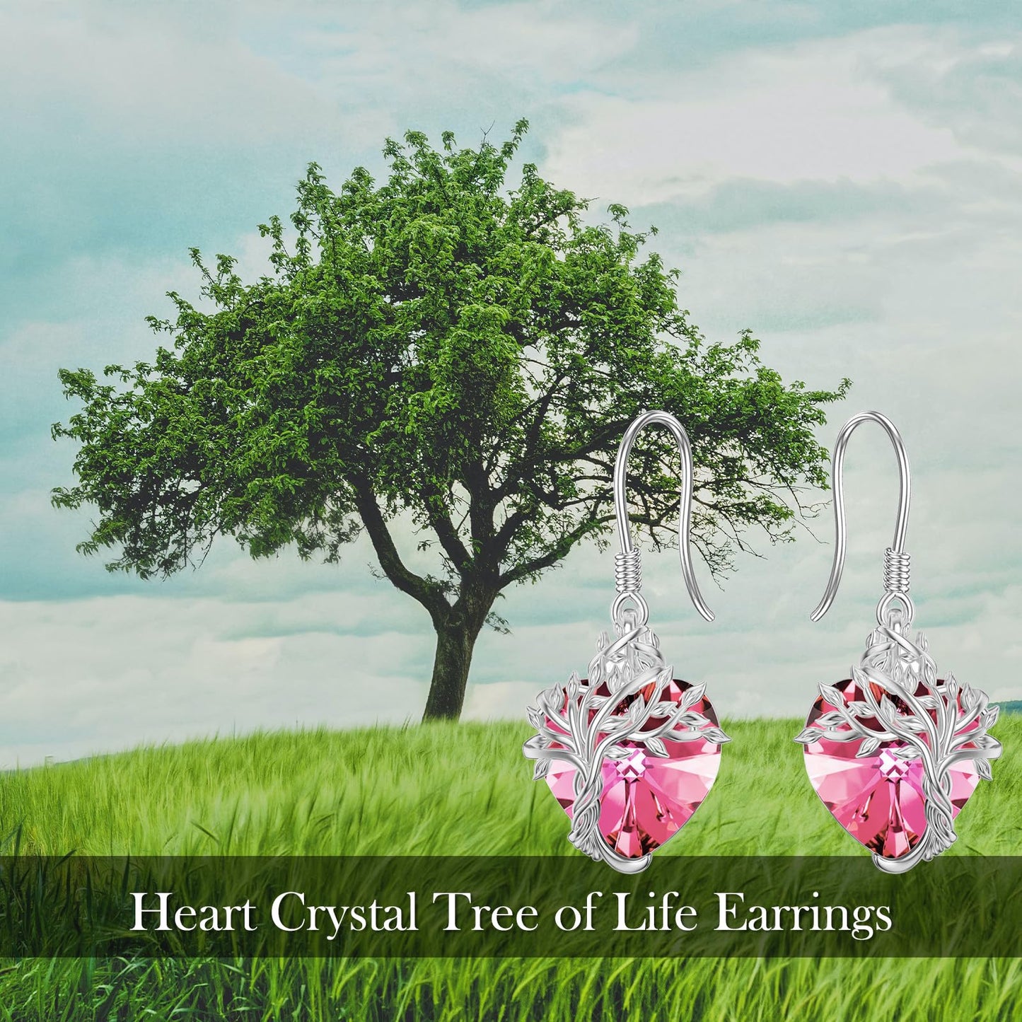 TOUPOP Heart Pink Tourmaline Earrings Sterling Silver Tree of Life Earrings October Birthstone Jewelry Birthday Mothers Day Gifts for Women Mom Her