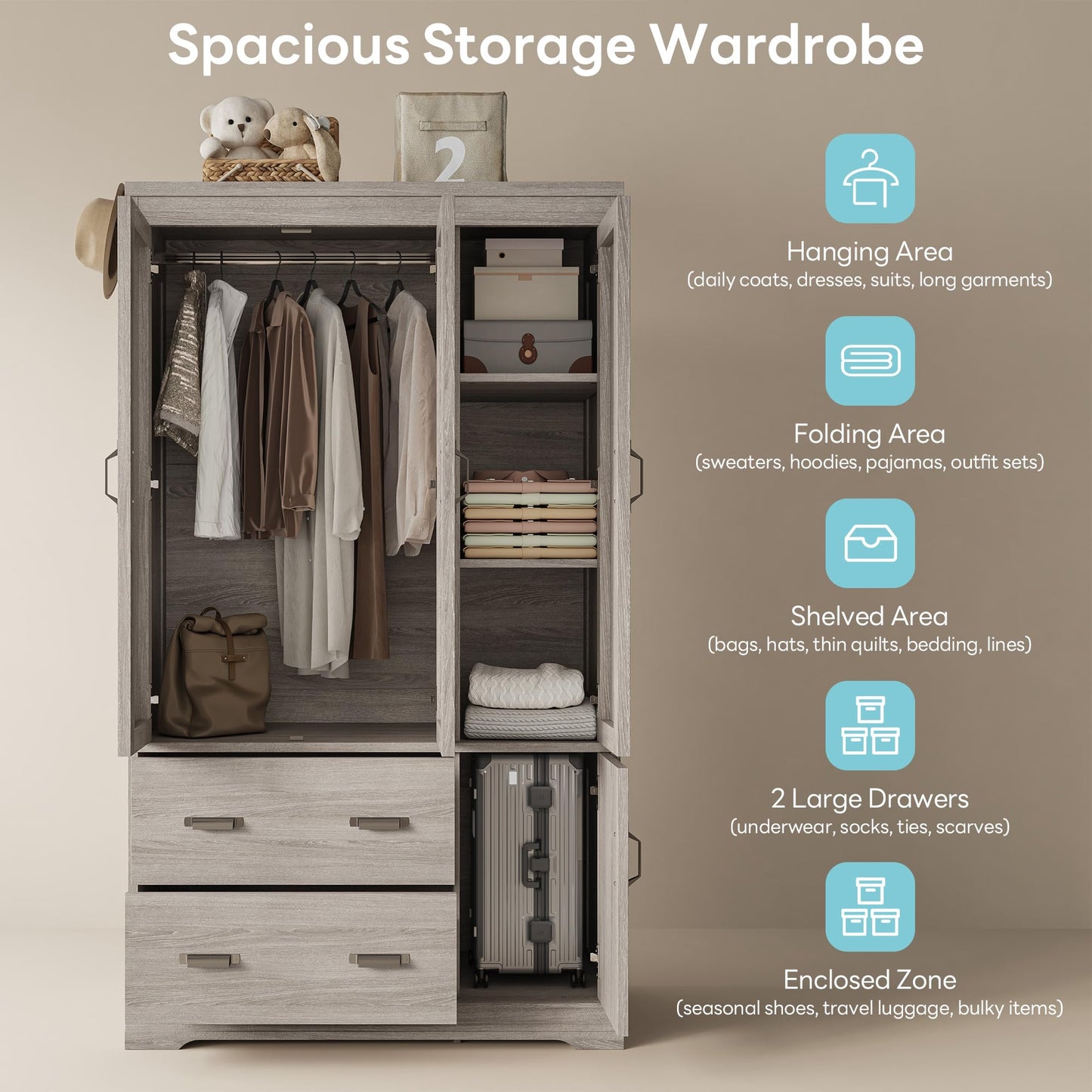 LIKIMIO Wardrobe Closet, 70" Tall 4 Doors Large Wooden Closet with 2 Drawers, 3 Shelves Bedroom Armoire with Hanging Rod, Freestanding Storage Cabinet for Hanging Clothes, Grey
