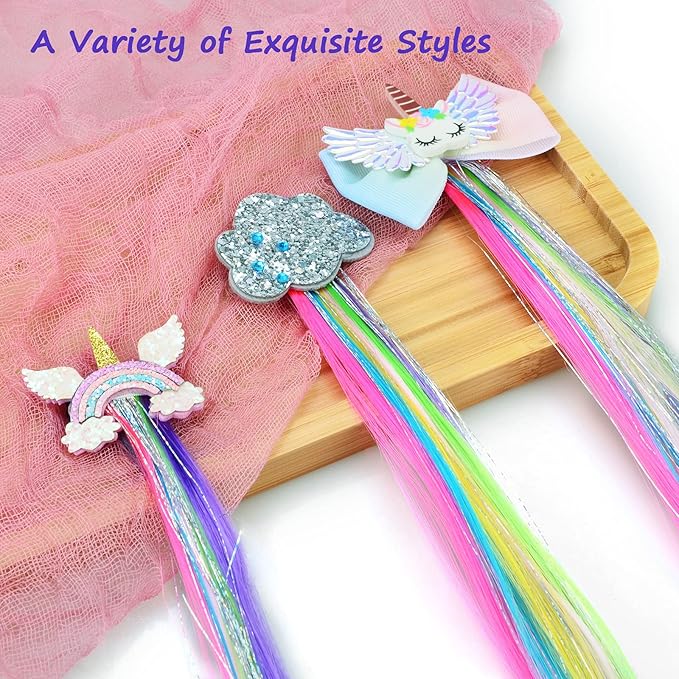 Little World Hair Clips for Girls, 6 Pcs Rainbow Hair Extensions, Unicorn Hair Clips for Girls Toddler Kids Ponytails, Hand-made Cute Glitter Hair Accessories
