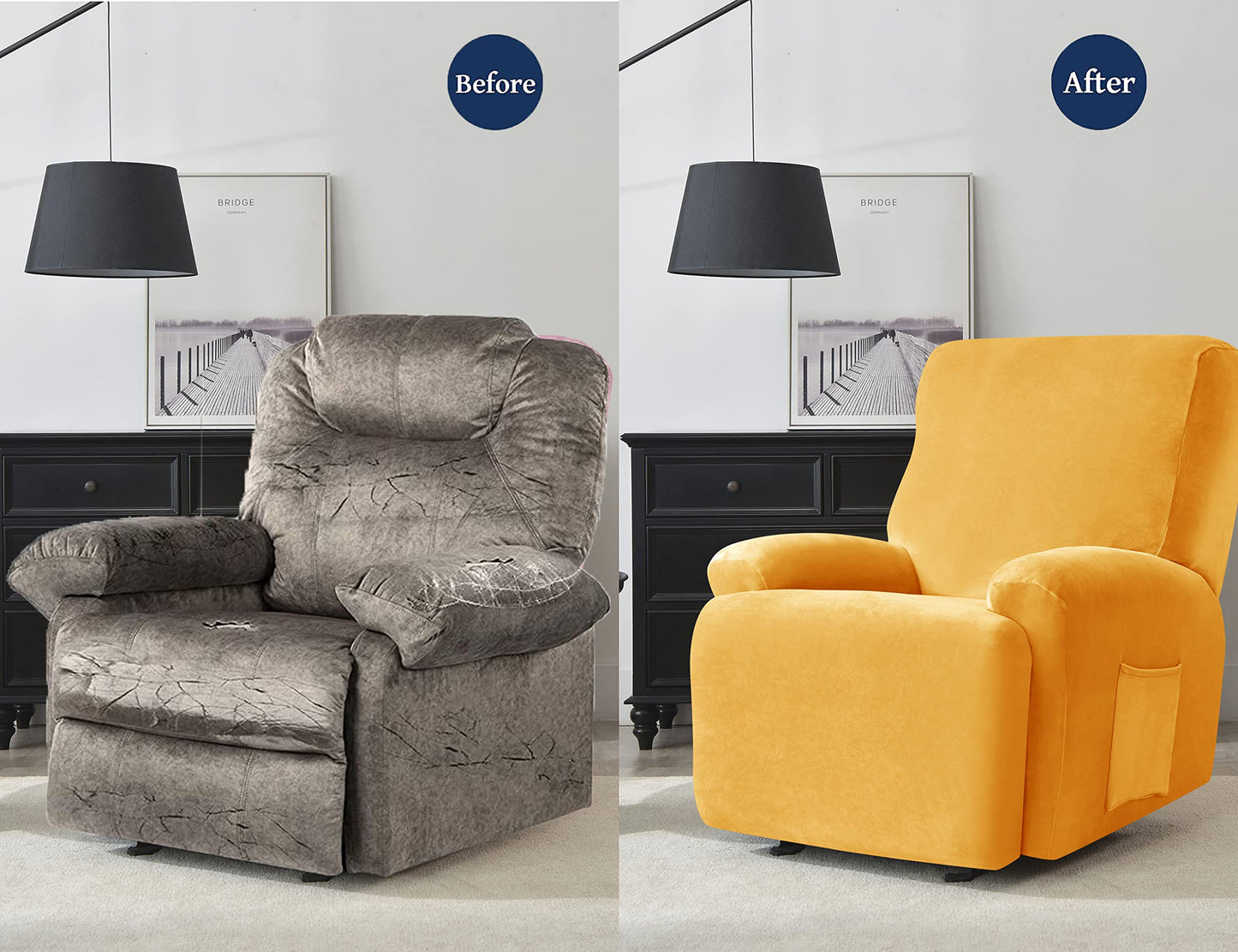 Deisy Dee 4-Piece, 1 Seat Recliner Cover, Soft Velvet Recliner Chair Covers- Stay-in-Place Slipcovers for Recliner Chair (Yellow)