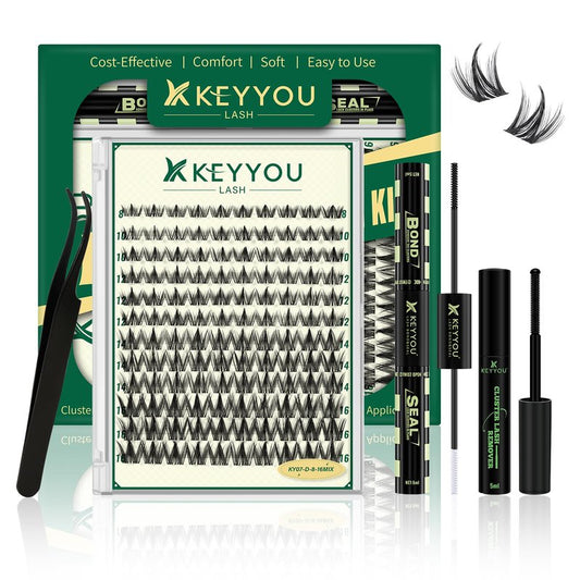 KEYYOULASH Lash Clusters Kit Natural 120pcs 8-18MIX Lash Extension Kit with Spiky Lash Clusters D Curl with Bond and Seal,Remover,Applicators for DIY Manga Eyelash Clusters at Home (KY07 Kit)