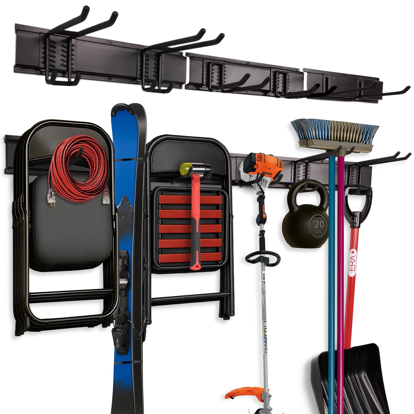 NINE FORTY Garage Tool Organizer Wall Mount - 49.5 Inches, 16" Stud Spacing, 440 LBS. Sturdy Rubber Coated Garden Tool Organizer and Storage Rack with Adjustable Hooks