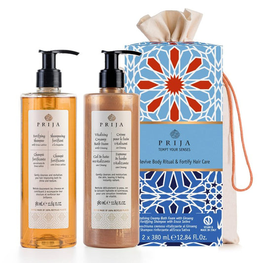 Prija Hair and Body Gift Set with Fortifing Shampoo and Vitalising Creamy Bath Foam with Natural Oils and Warm Notes of Vanilla, Cardamom and Cedar Wood 2 x 12.85 fl oz
