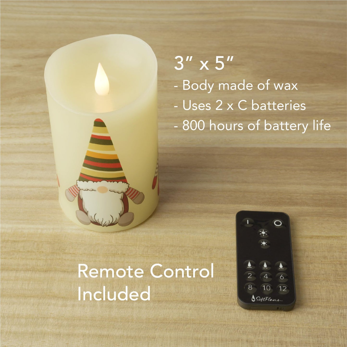 Softflame Christmas Flameless Candles with Remote Control, 3"x 5""Battery Operated Flickering 3D Wick Real Wax Pillar Christmas Gnome Candle"