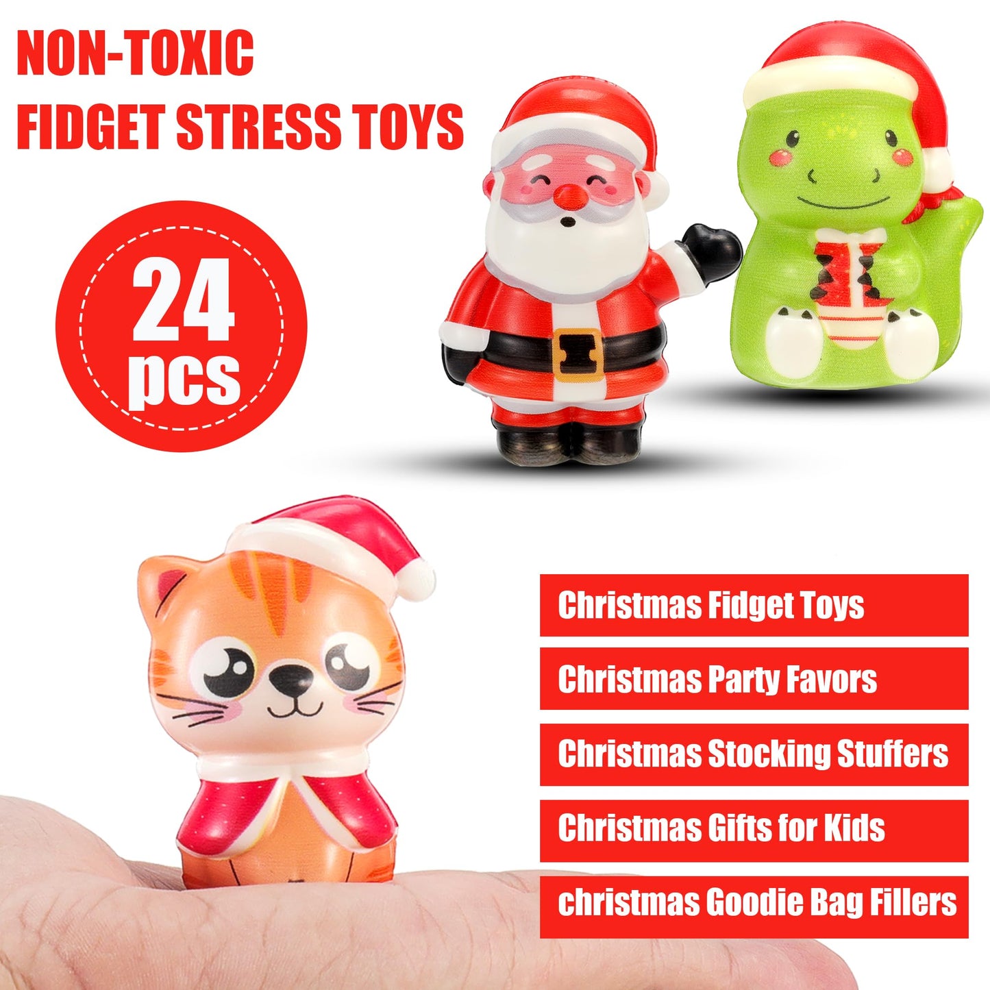 24PCS Christmas Squishy for Party Favors Gifts, Stress Relief Toys for Goodie Bags Pinata Fillers, Stocking Stuffer for Kids, Treasure Box Carnival for Prizes Rewards, Fidget Squeeze Advent Calendar