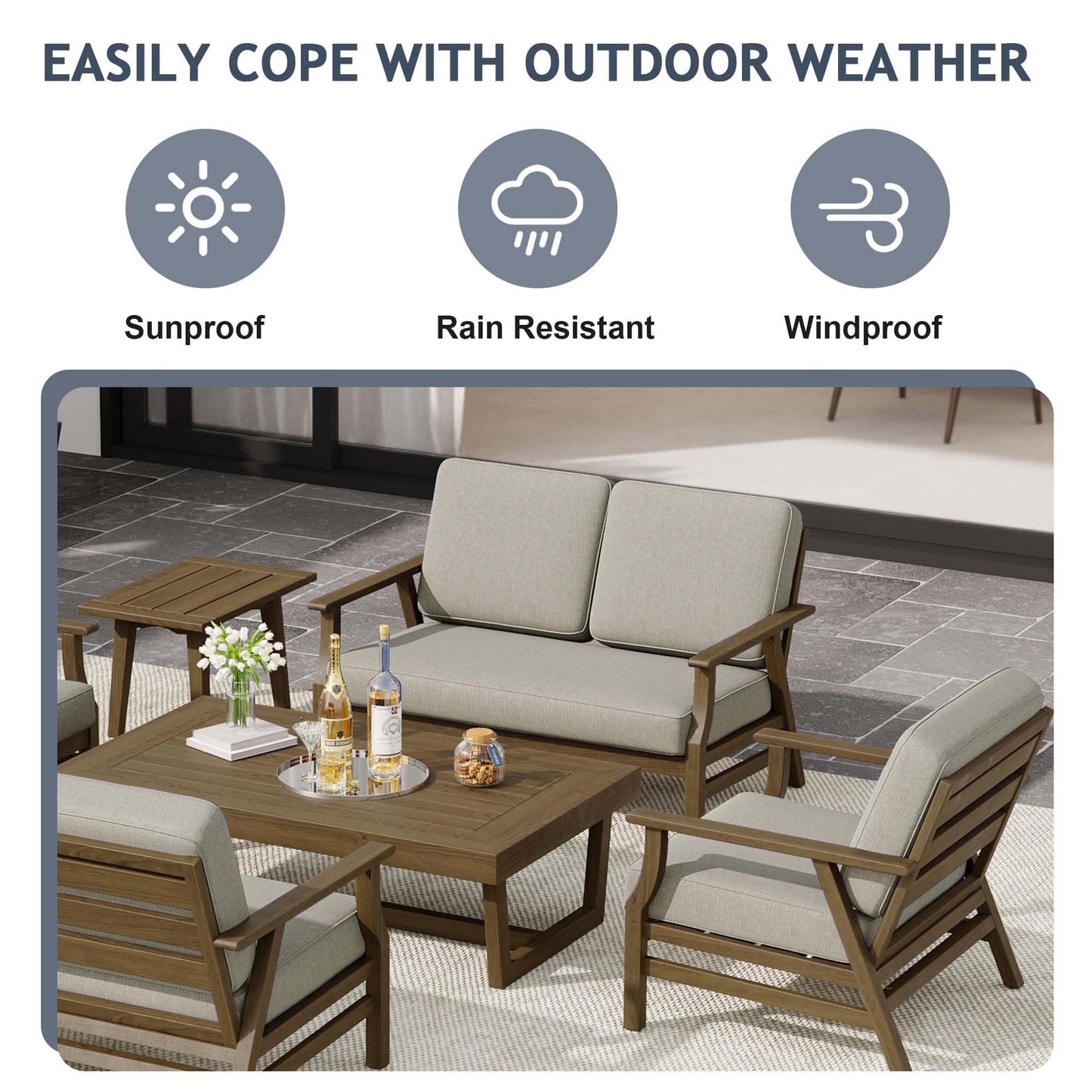 UIXE 6 Pieces Outdoor Patio Furniture, Wood Outdoor Sectional Furniture Patio Sofa Conversation Sets with Bistro Chairs, Coffee Table - Light Camel