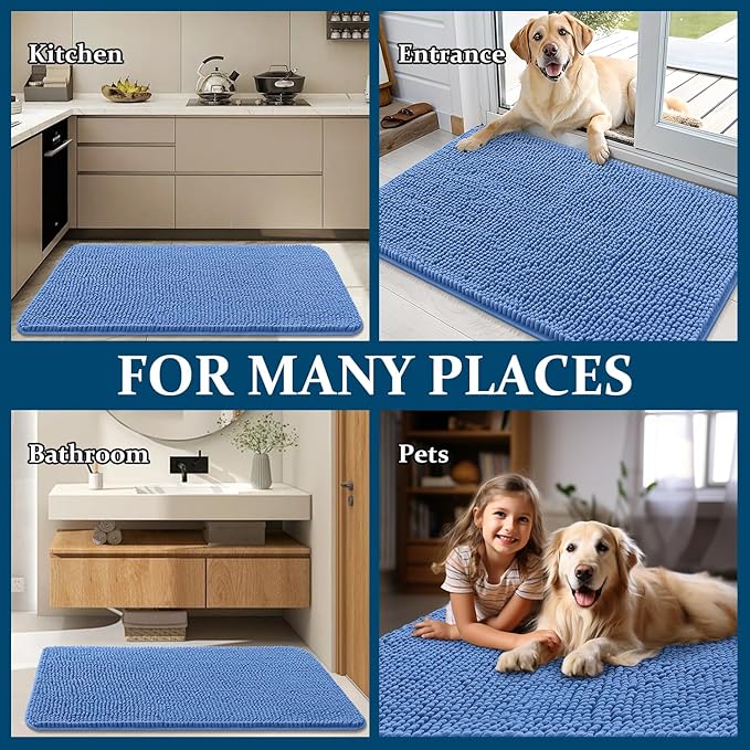 OLANLY Dog Door Mat for Muddy Paws 54x24, Absorbs Moisture and Dirt, Absorbent Non-Slip Washable Doormat, Quick Dry Chenille Mud Mat, Entry Indoor Entryway Carpet for Inside Floor, Cornflower Blue
