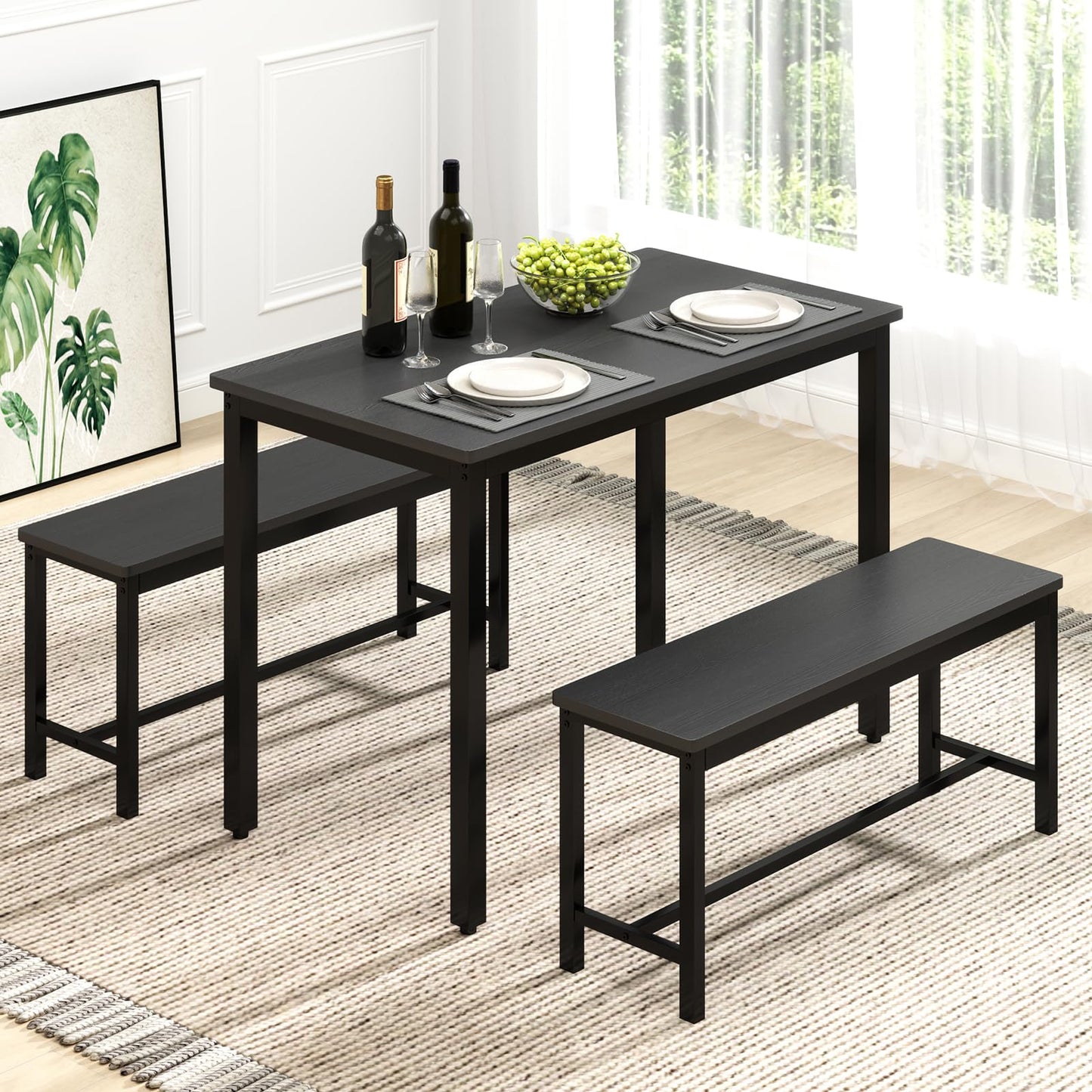 Rovibek 43" Dining Room Table Chairs Set for 4, Modern Space Saving Kitchen Table with 2 Benches & Adjustable Feet Breakfast Table, Wooden Industrial Style Farmhouse, Black