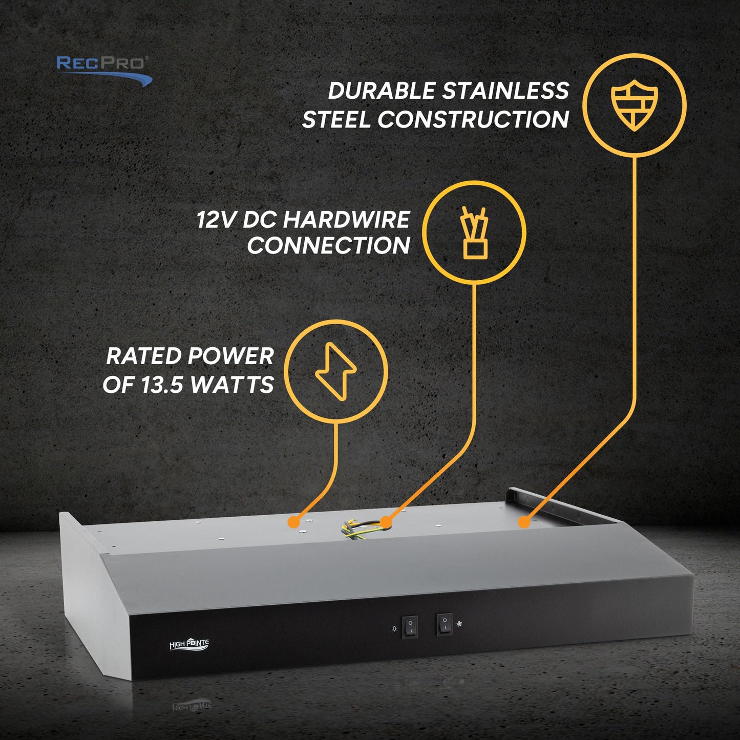 High Pointe 12V Range Hood | Stainless Steel Finish | LED Lamp | Grease Filter (Black, 22")
