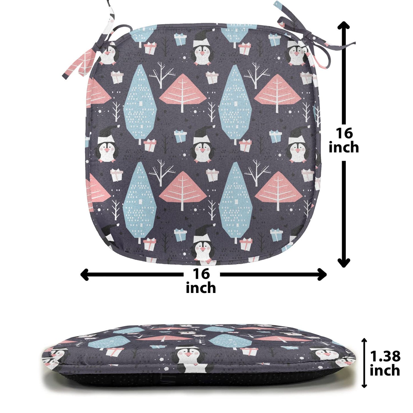 Lunarable Christmas Chair Seating Cushion, Winter Trees and Penguins with Gift Boxes Noel Happy New Year Theme, Anti-Slip Seat Padding for Kitchen & Patio, 16"x16", Pale Blue Pastel Pink