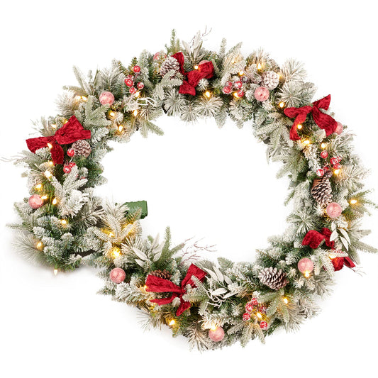AMERZEST 9ft Pre-lit Flocked Christmas Garland with Red Balls, Berries and and 50 Battery Operated Soft White LED Lights with Timer,Artificial Holiday Decoration Door Outdoor