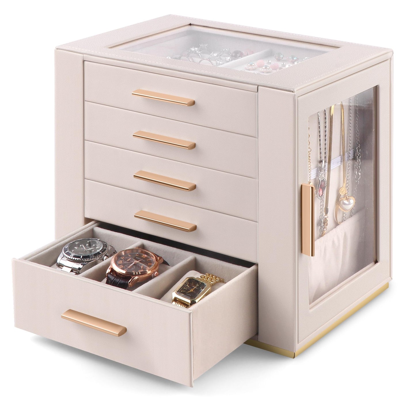 Homeanda Jewelry Box for Women with Glass Lid, 5 Drawers Jewelry Organizer and Storage for Necklaces, Rings, Earrings, Bracelets, Gift for Girls and Teens,PU Leather (Beige)