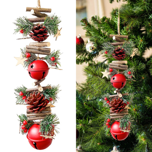 23.6 Inches Christmas Pinecone and Bell Hanging Garland Decoration, Rustic Wood Stick and Pine Leaf Garland with Bells, Holiday Ornament for Door Wall Fireplace, Indoor Outdoor Xmas Decor (Red)
